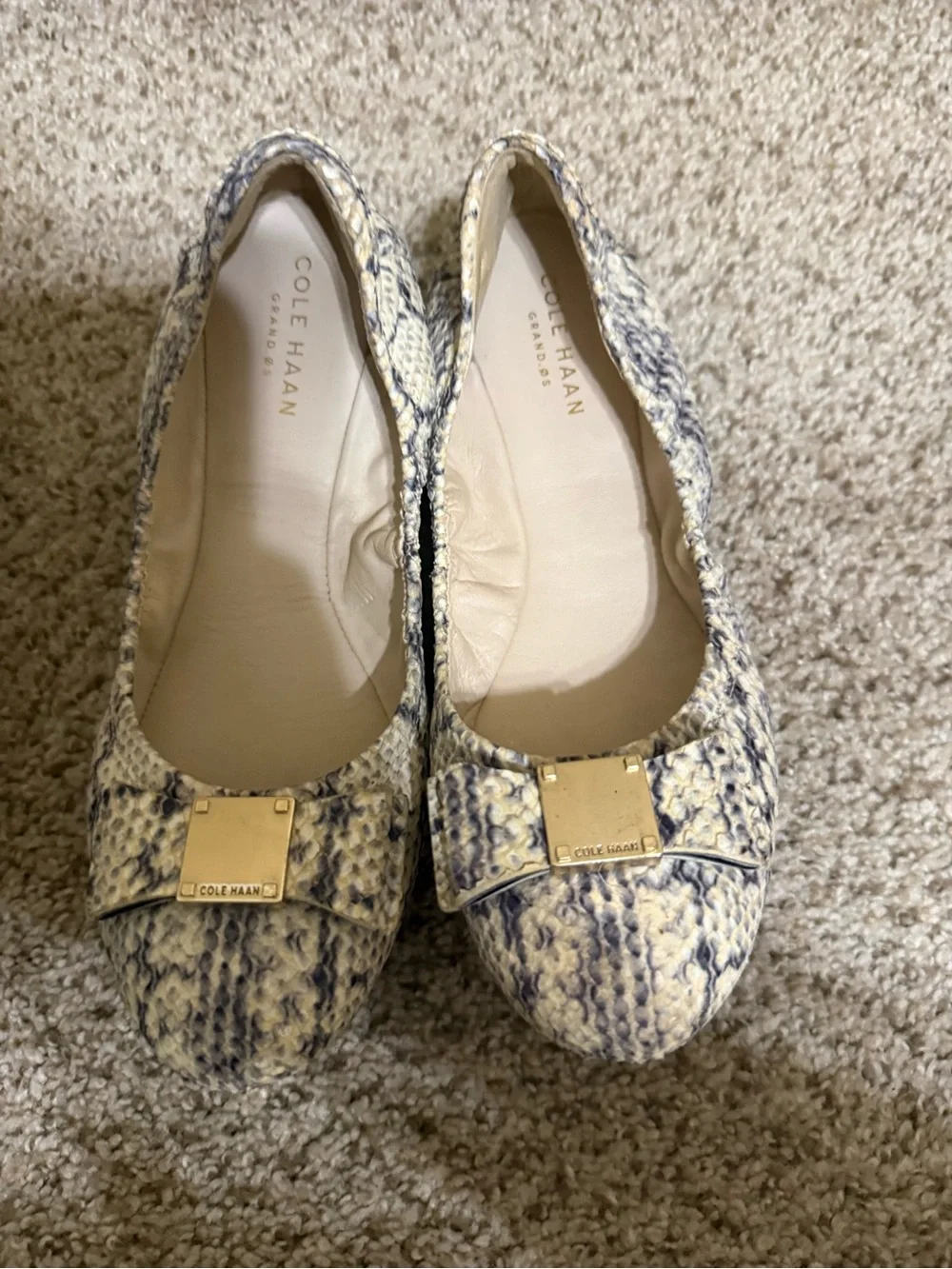 Cole Haan Tweed Pointed Ballet Flats in Blue and Cream with Gold Accent